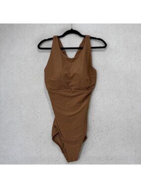 CALA Swimsuit Womens 16 Brown One Piece Ribbed Tank Built In Bra Lined Crossback